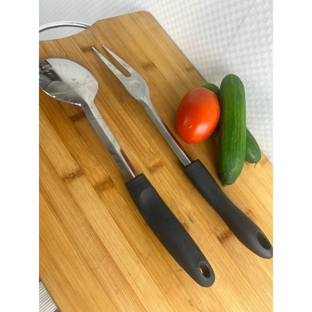 Stainless Steel Serving Set Large Spoon and‎ Meat Fork Black Ergonomic Handles
